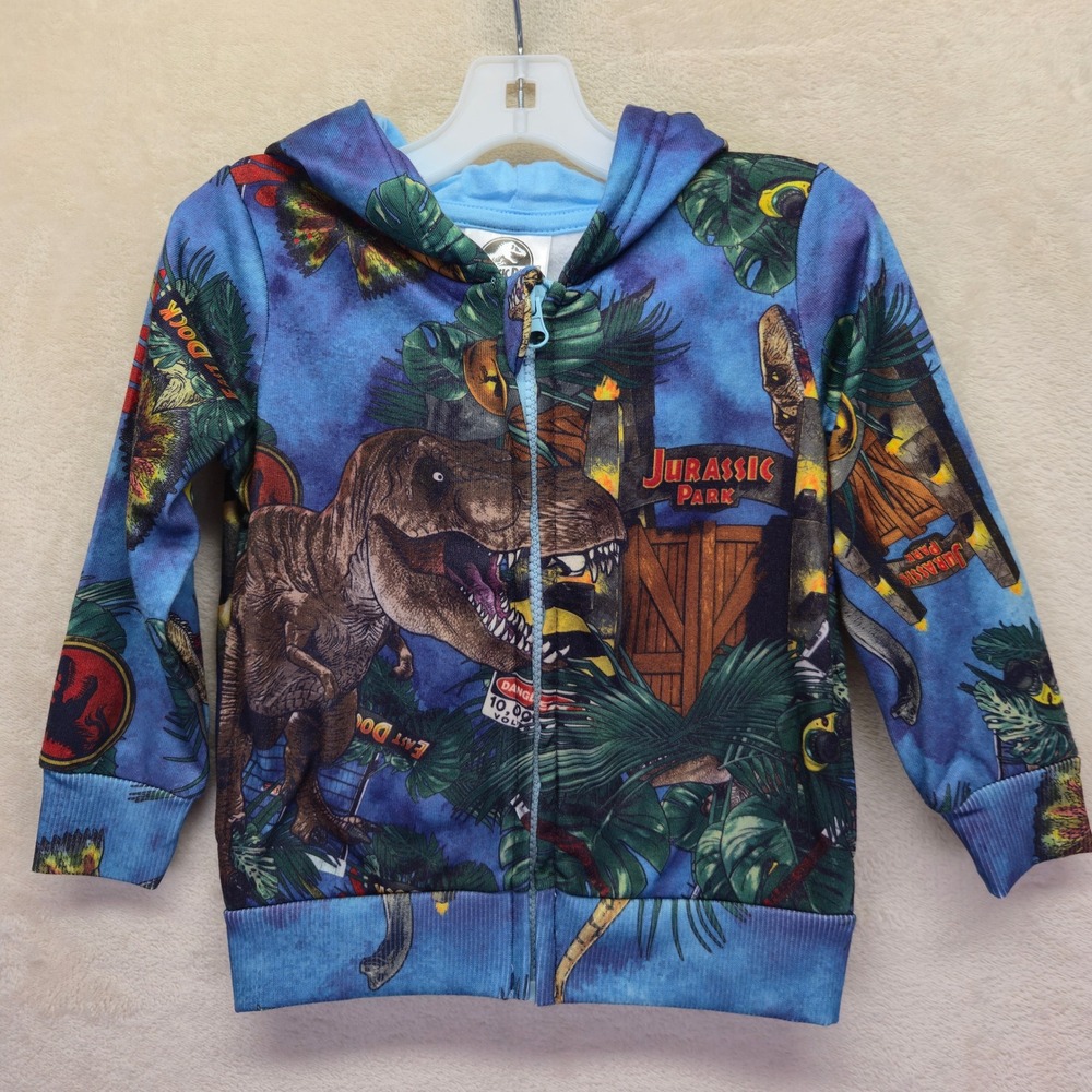 NWT Kids Jurassic Park Zip Up‎ Hoodie 2T Dinosaur Rex Jungle All Over Print Blue